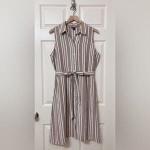 Ann Taylor Women’s Linen Brown Stripe Belted Midi Shirtdress Size 14 Euro Summer